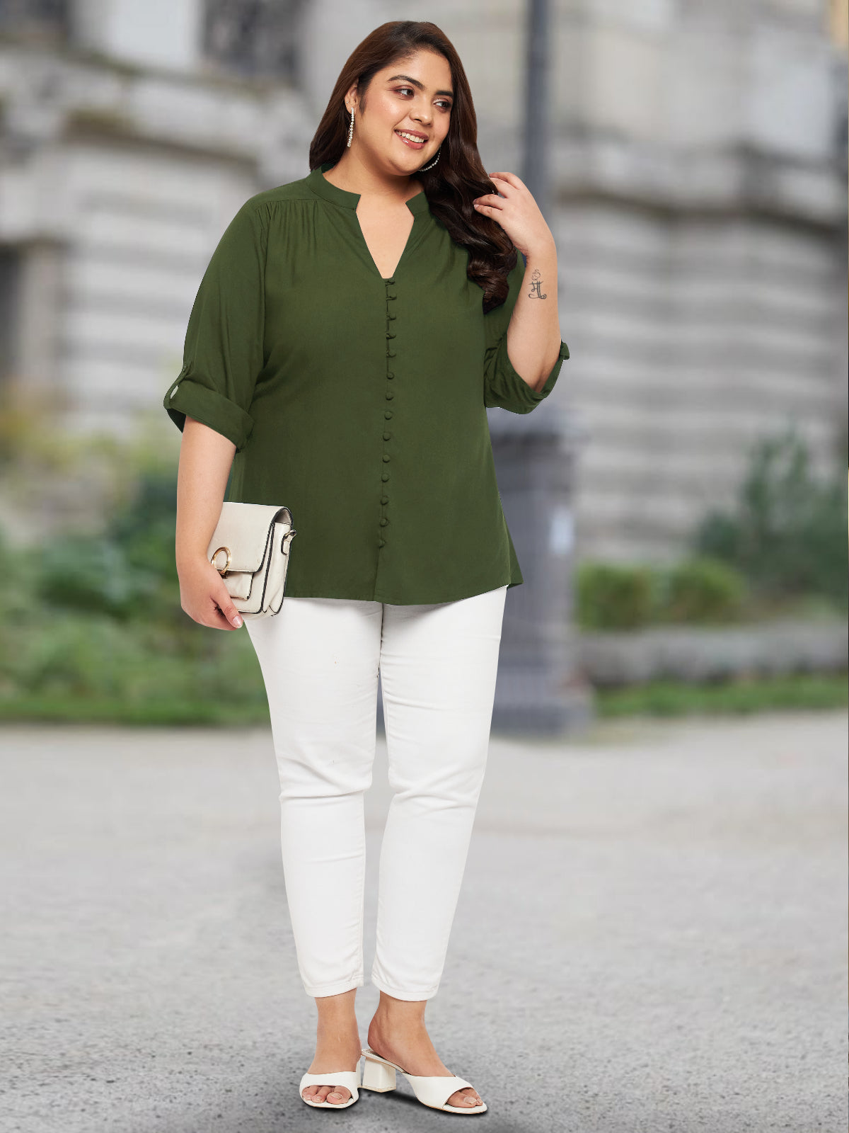 Women Black White Plus Size Buttoned Tunic Top