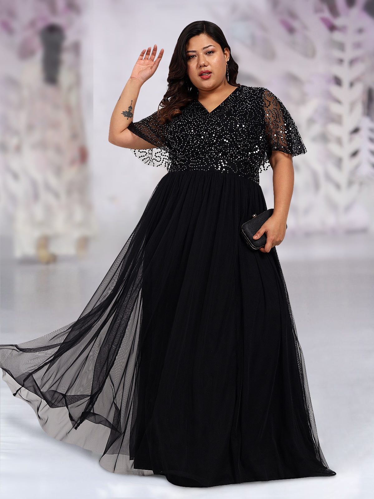 Women Black Plus Size Sequin Cape Gown