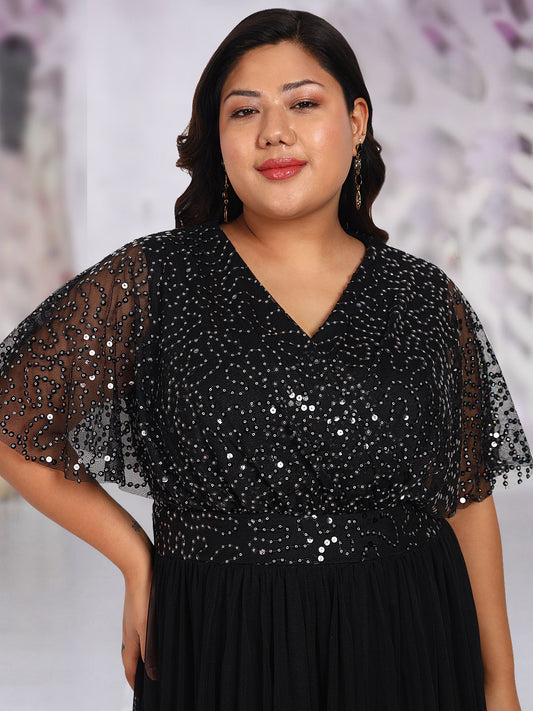 Women Black Plus Size Sequin Cape Gown