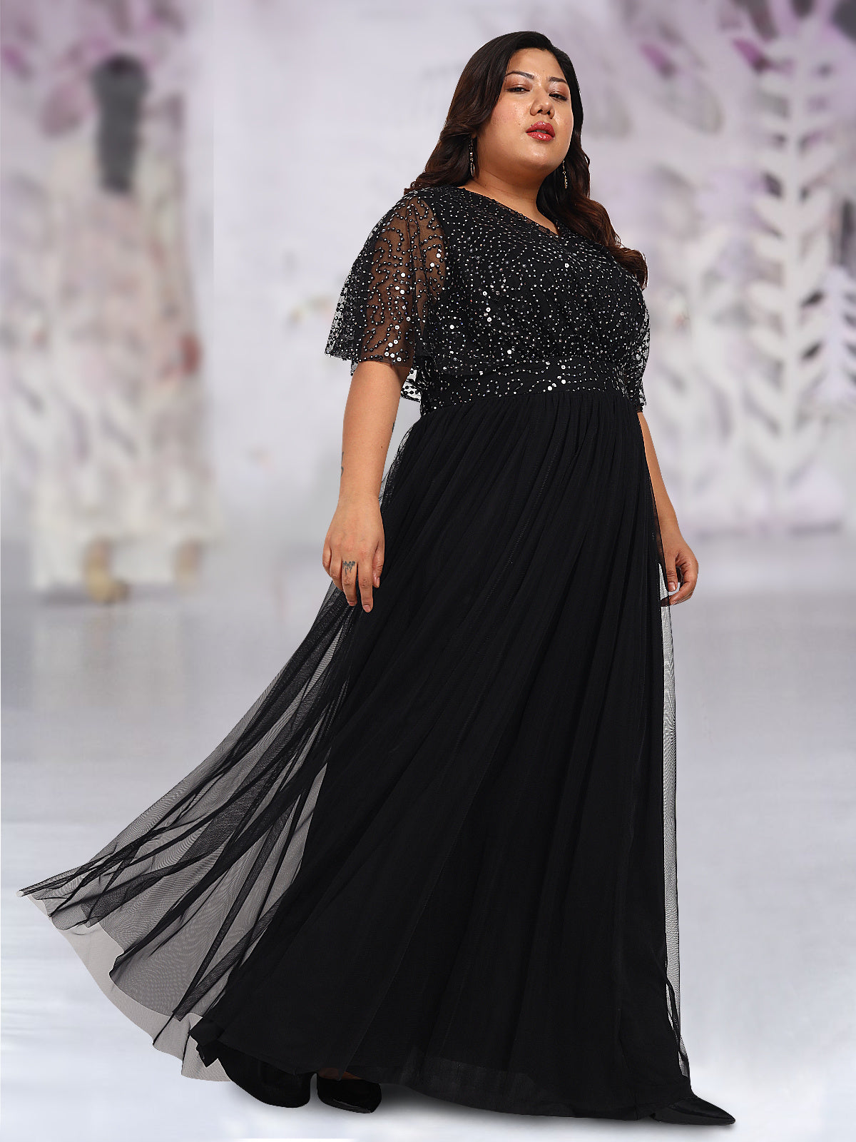 Women Black Plus Size Sequin Cape Gown