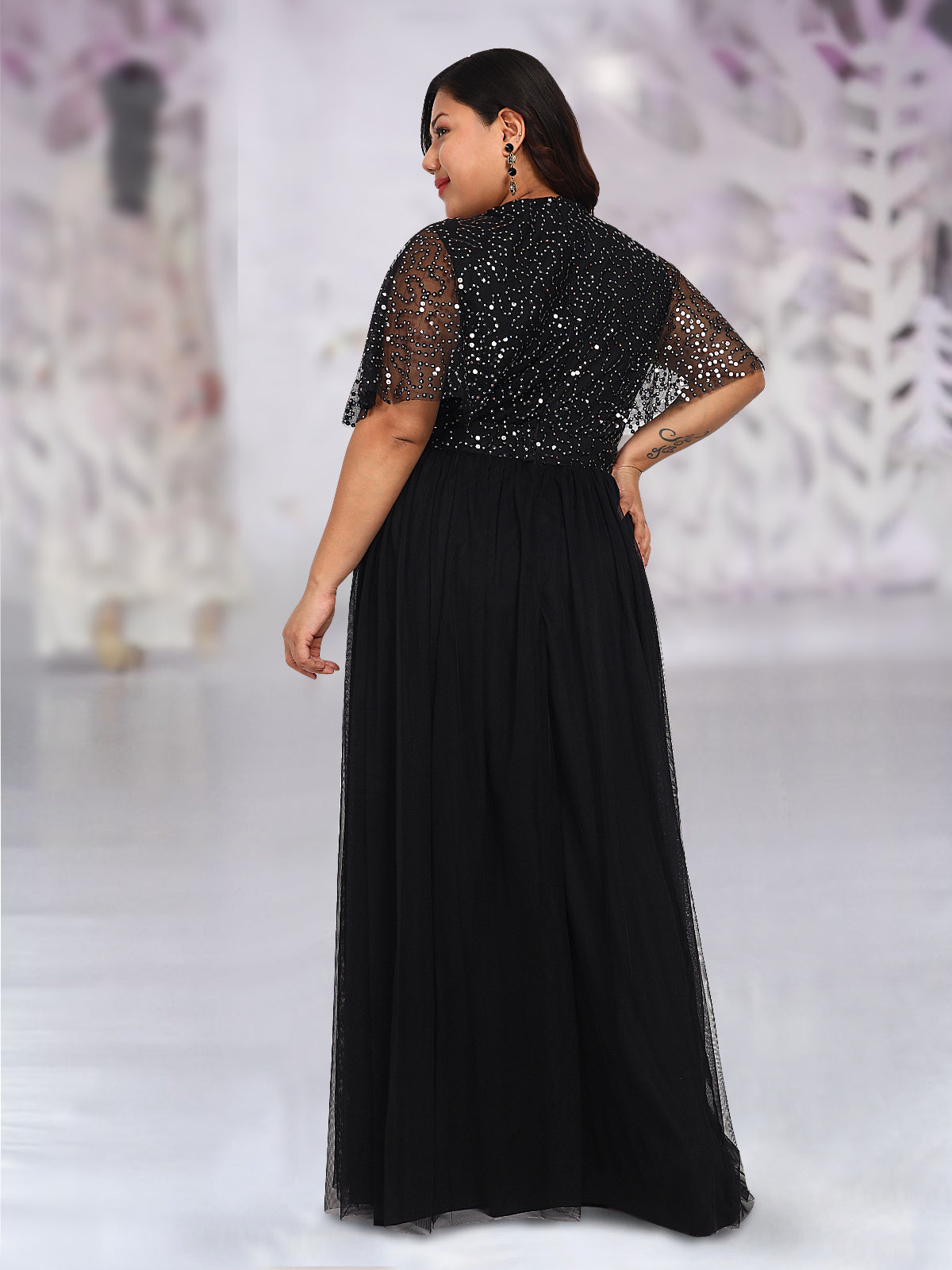 Women Black Plus Size Sequin Cape Gown