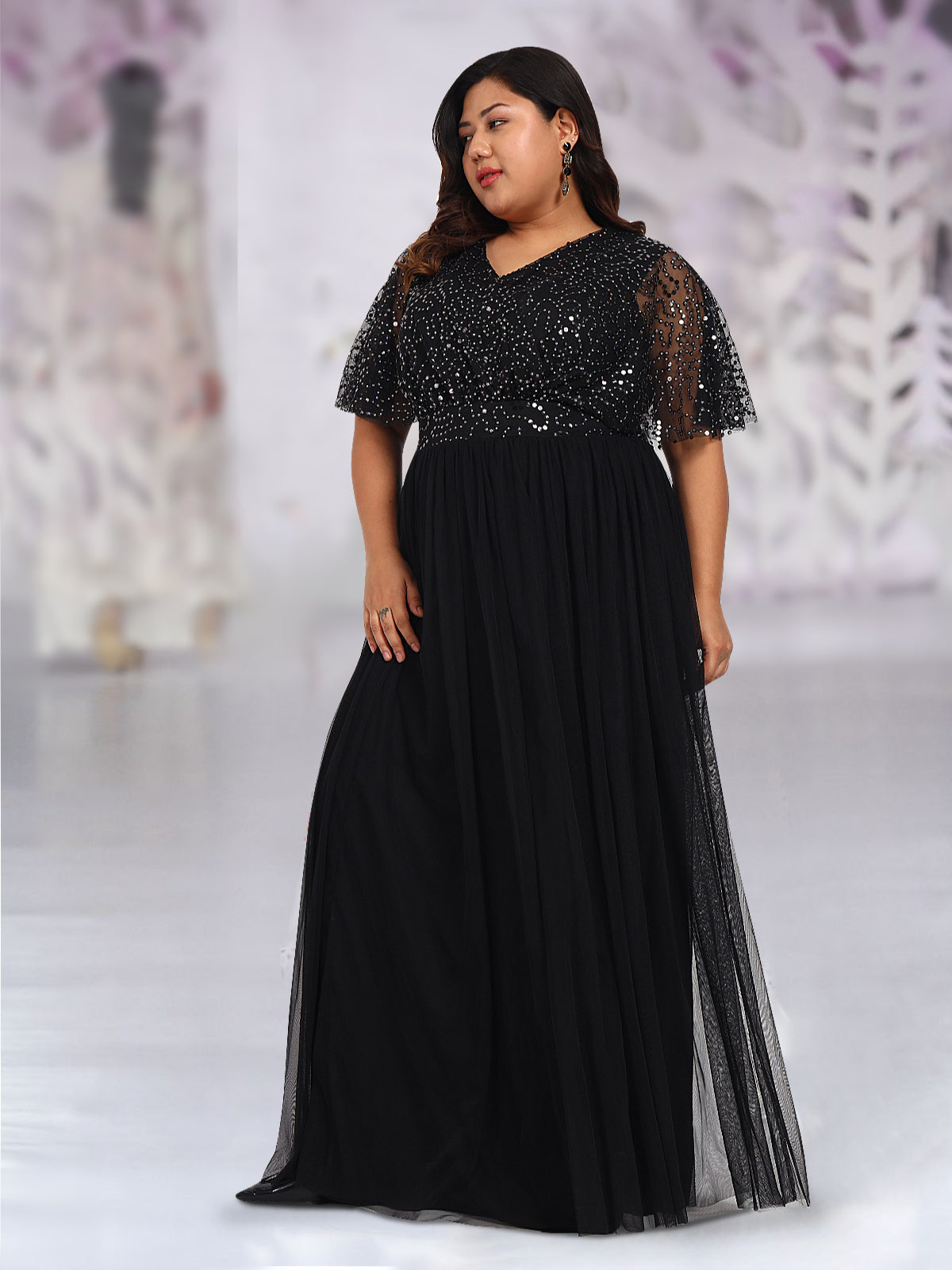Women Black Plus Size Sequin Cape Gown