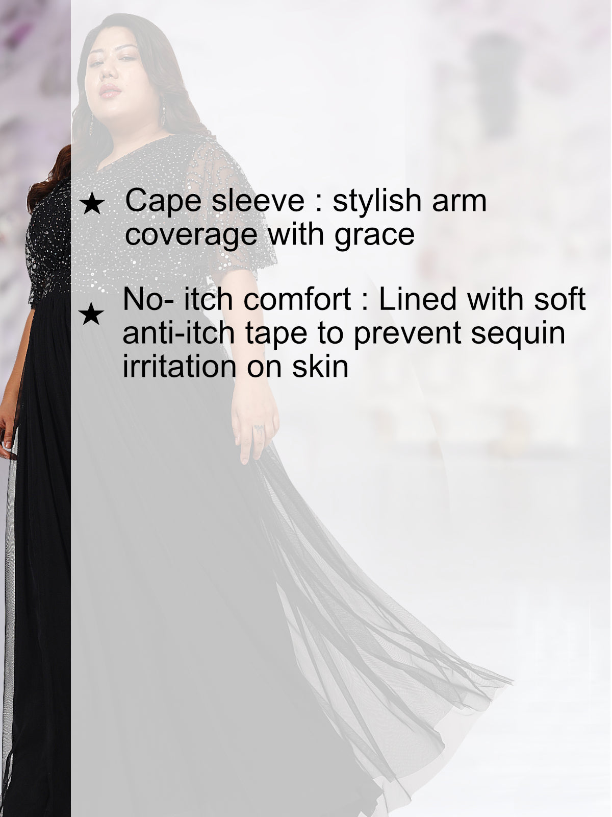 Women Black Plus Size Sequin Cape Gown