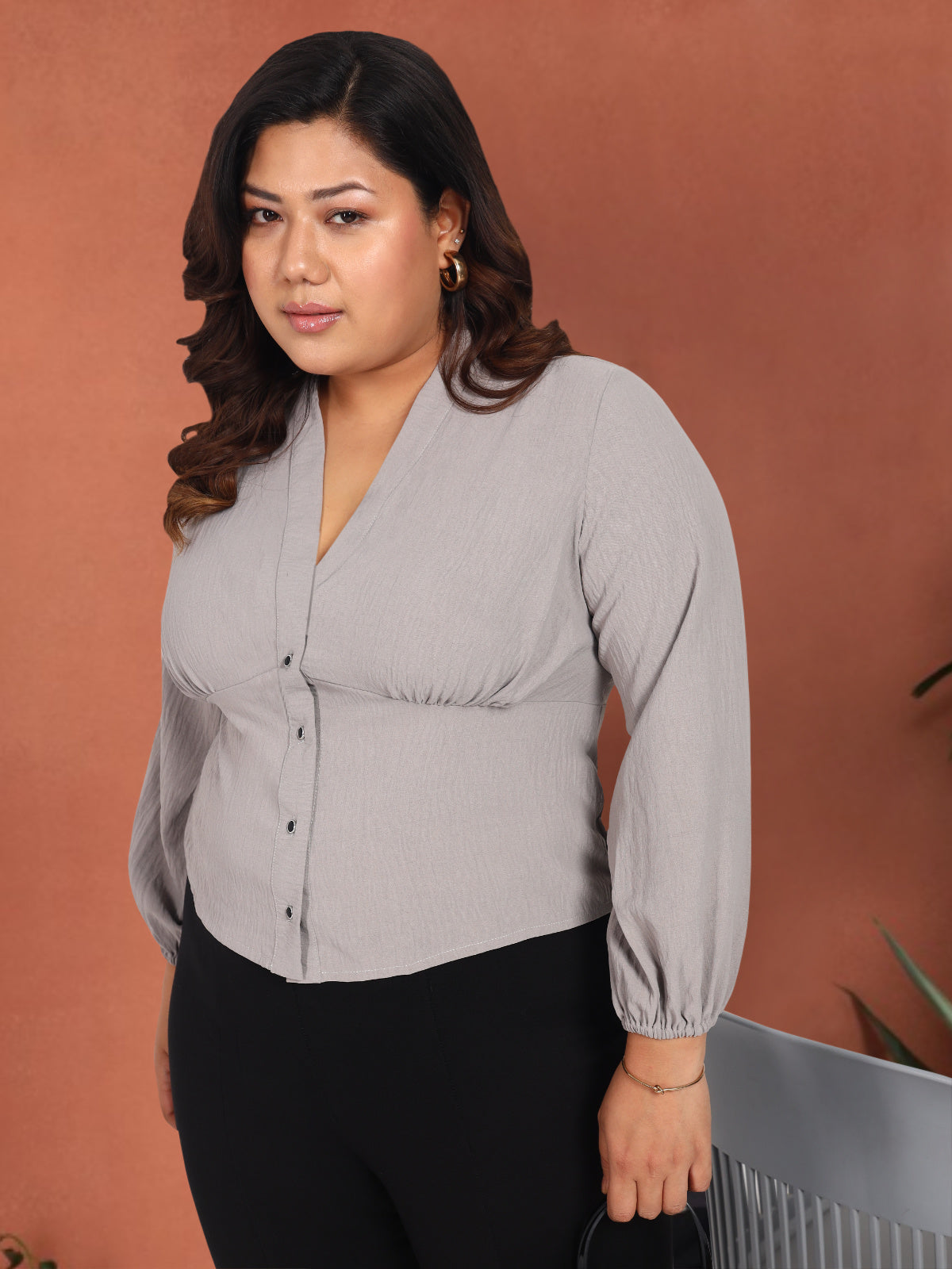 Women Black White Plus Size Buttoned Tunic Top