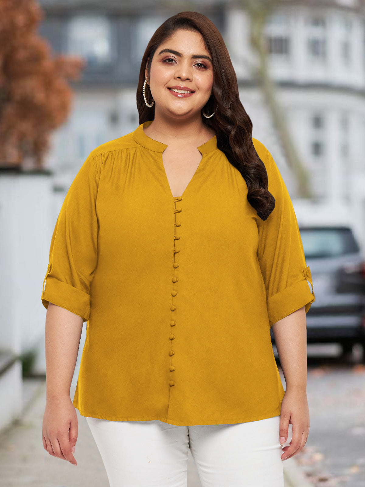 Women Black White Plus Size Buttoned Tunic Top