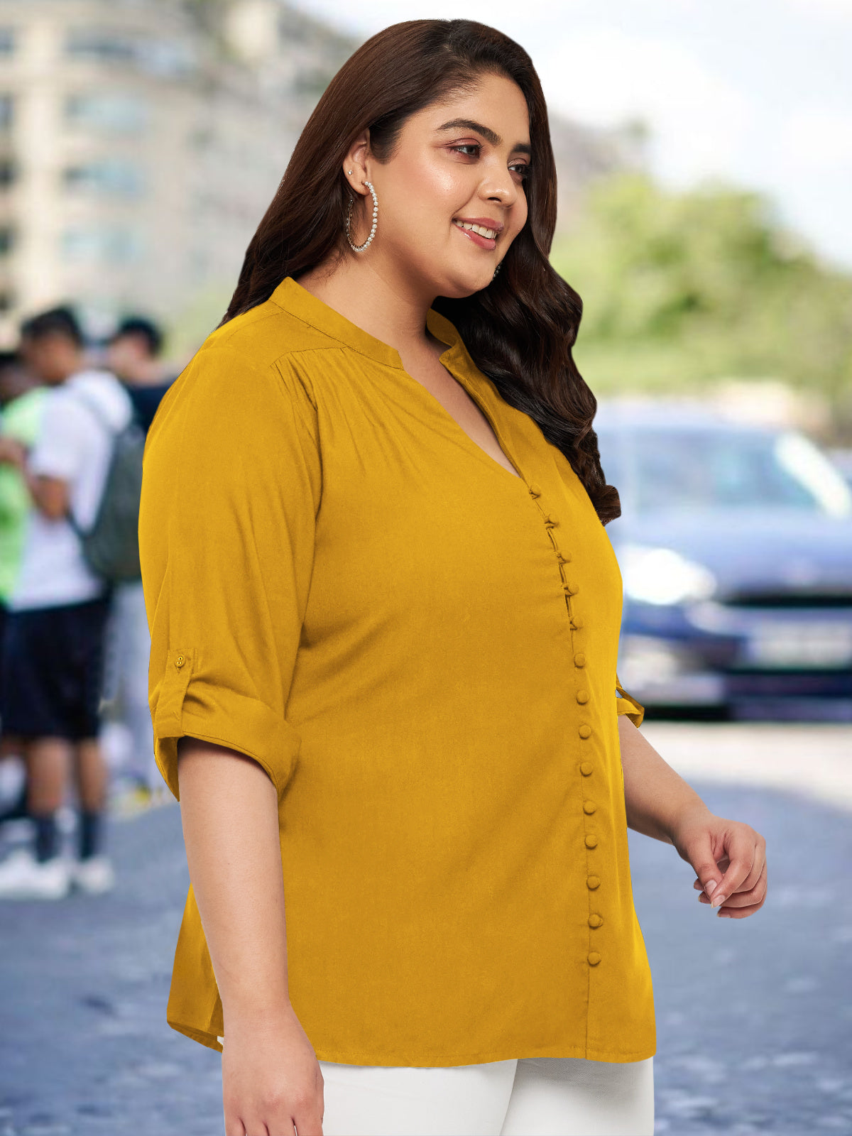 Women Black White Plus Size Buttoned Tunic Top