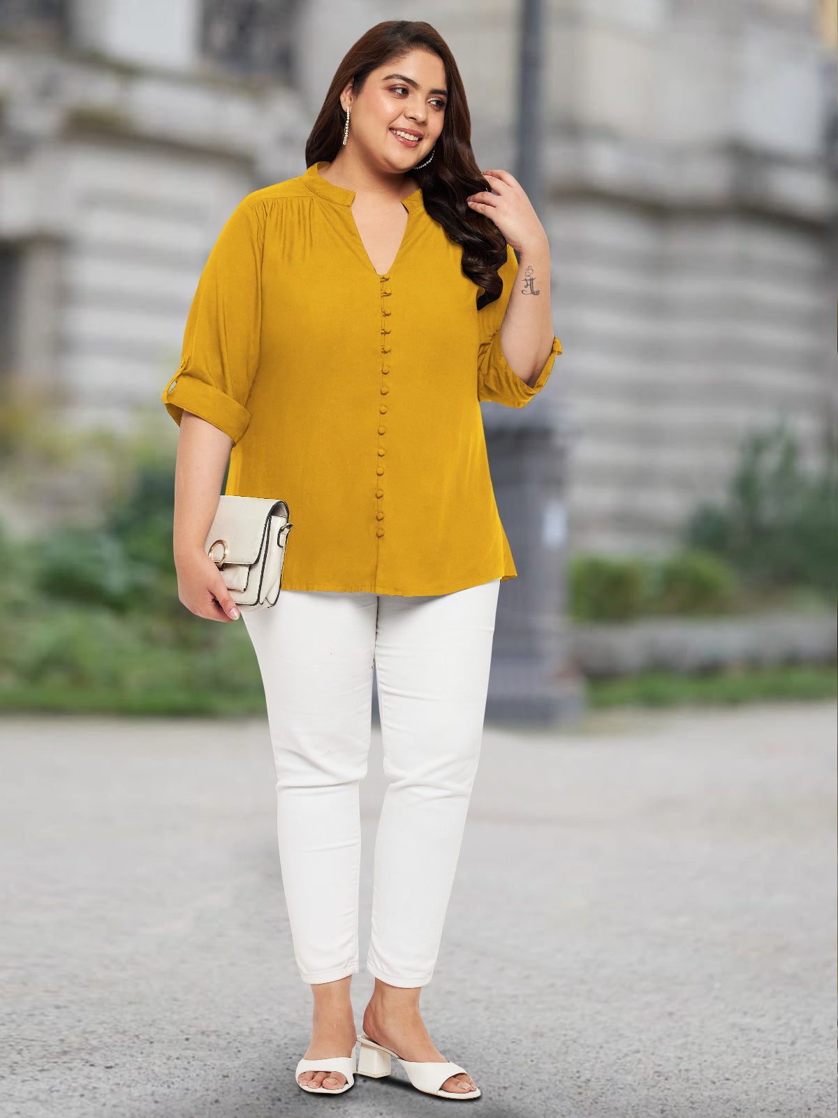 Women Black White Plus Size Buttoned Tunic Top