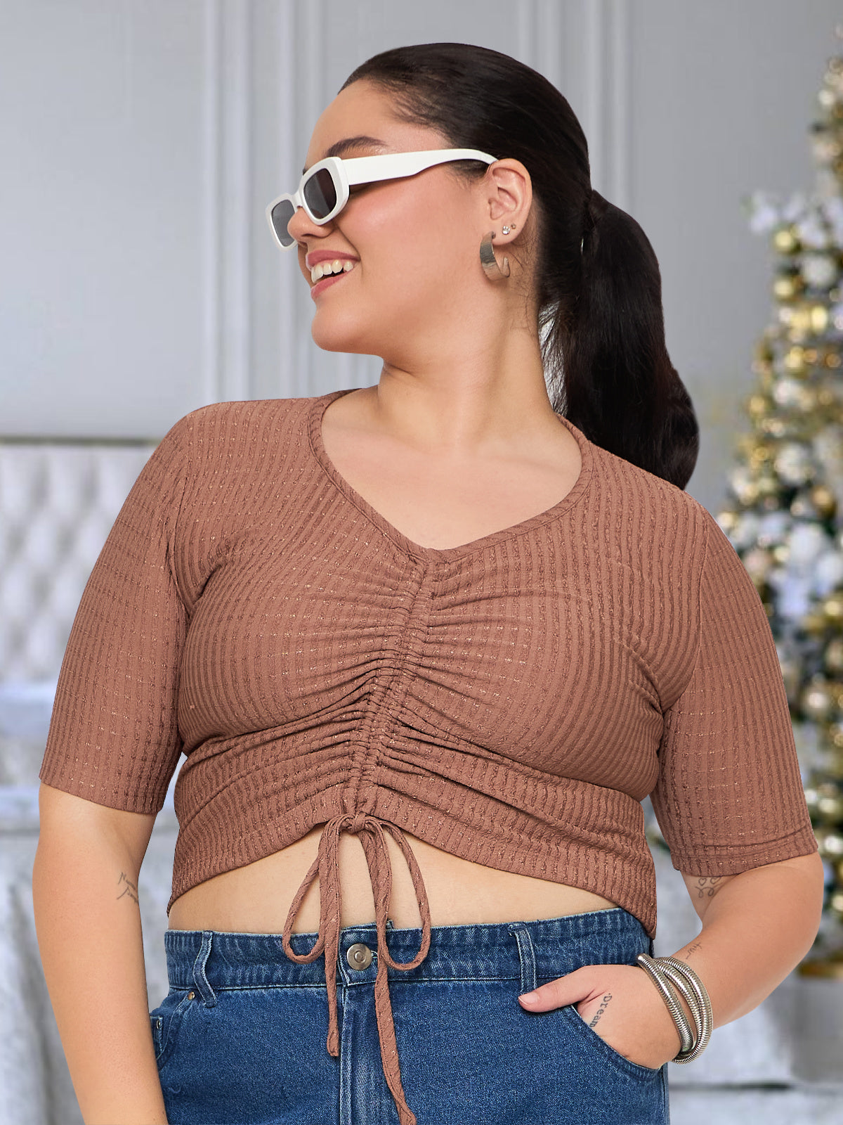 Women Black White Plus Size Buttoned Tunic Top