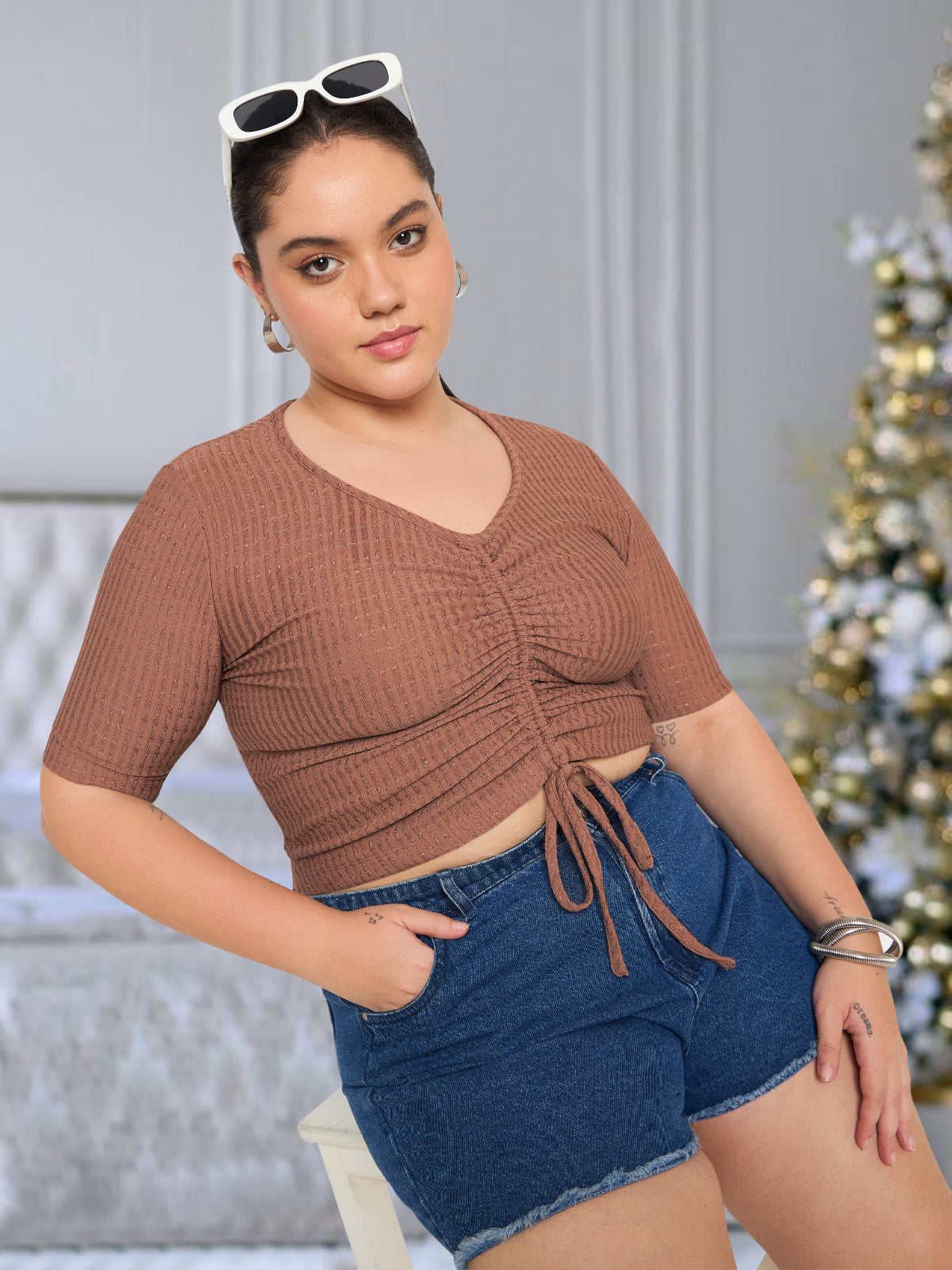 Women Black White Plus Size Buttoned Tunic Top