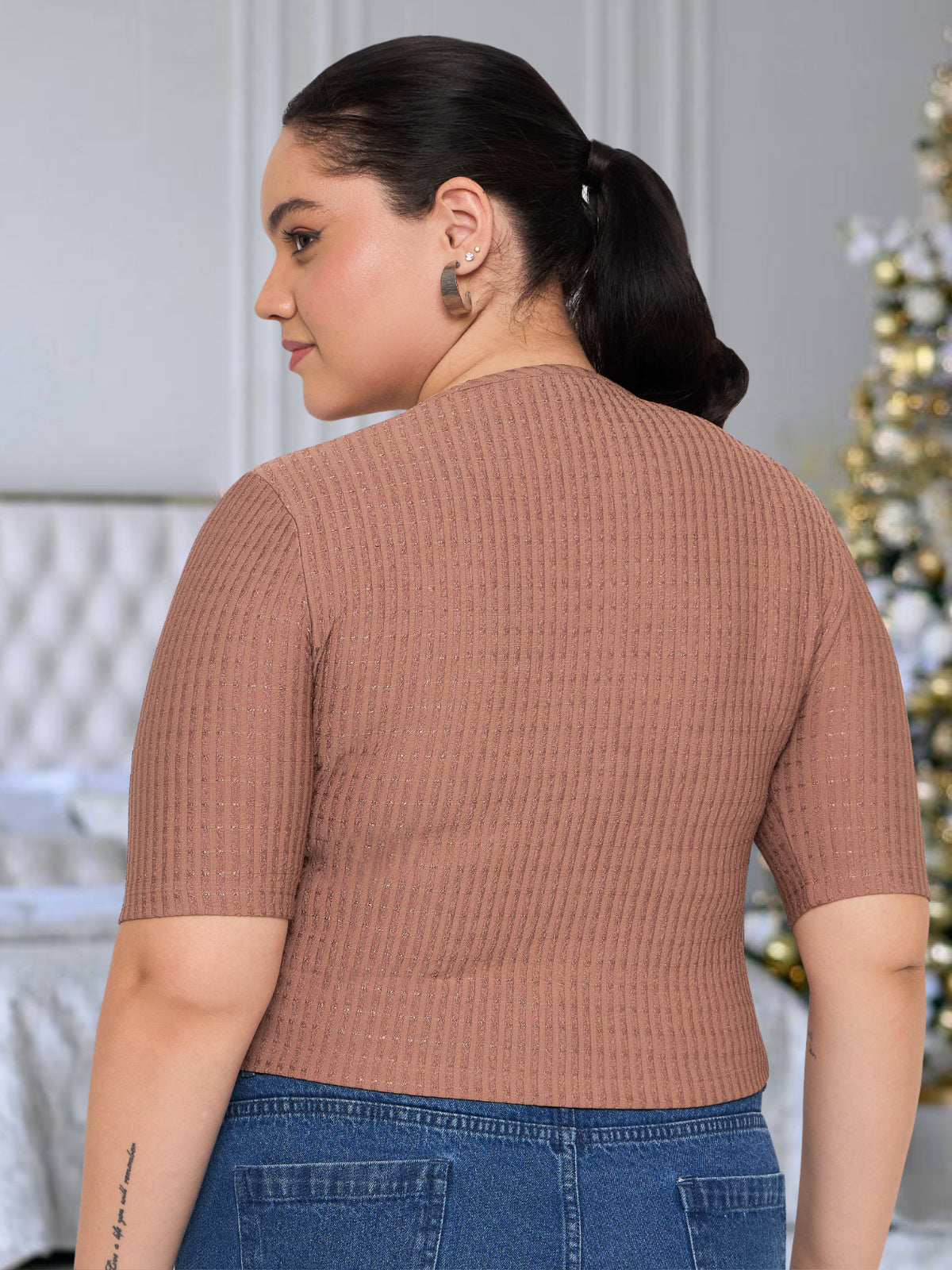 Women Black White Plus Size Buttoned Tunic Top