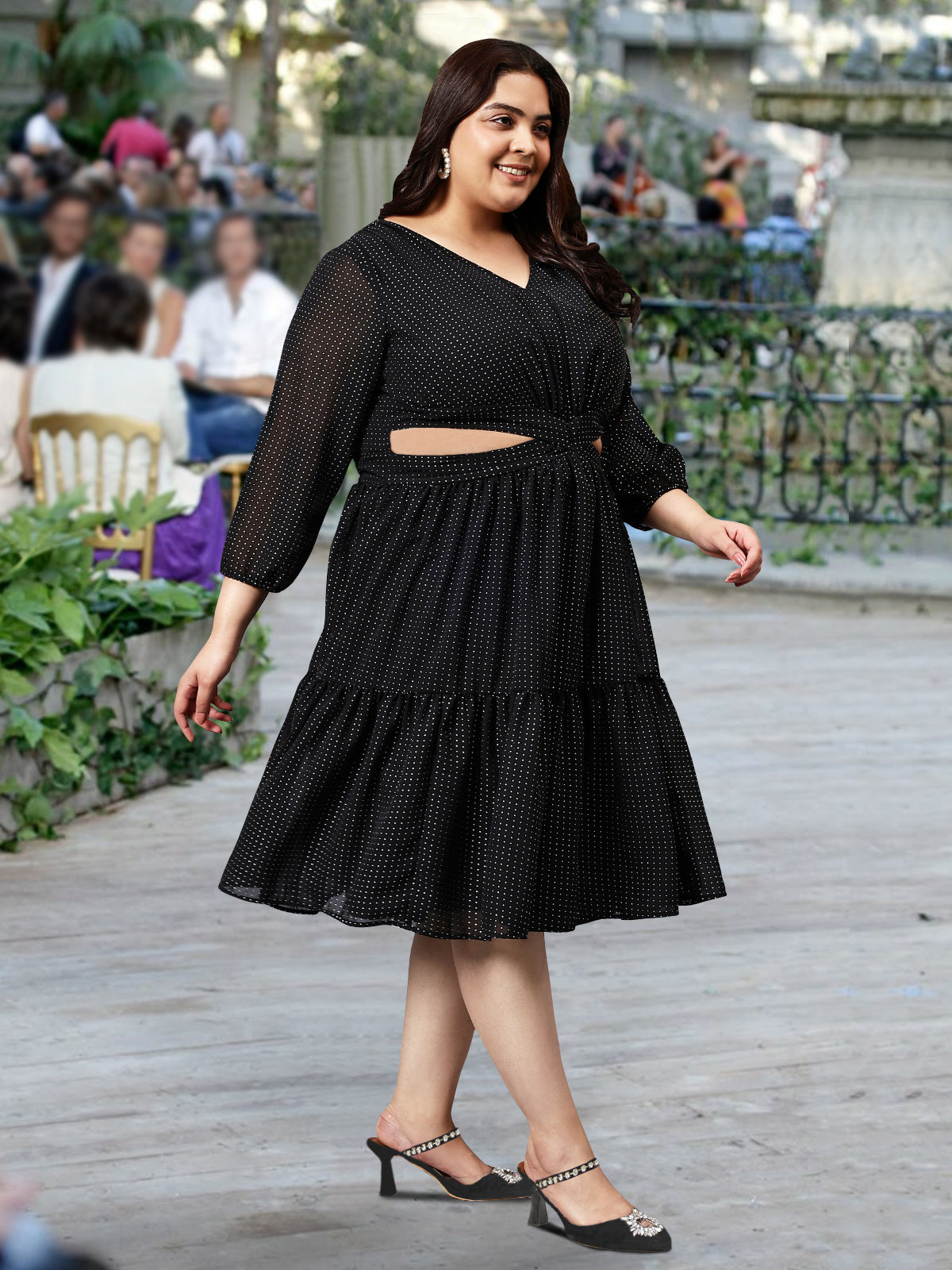 Black Silver Plus Size Waist Cut-out Dress