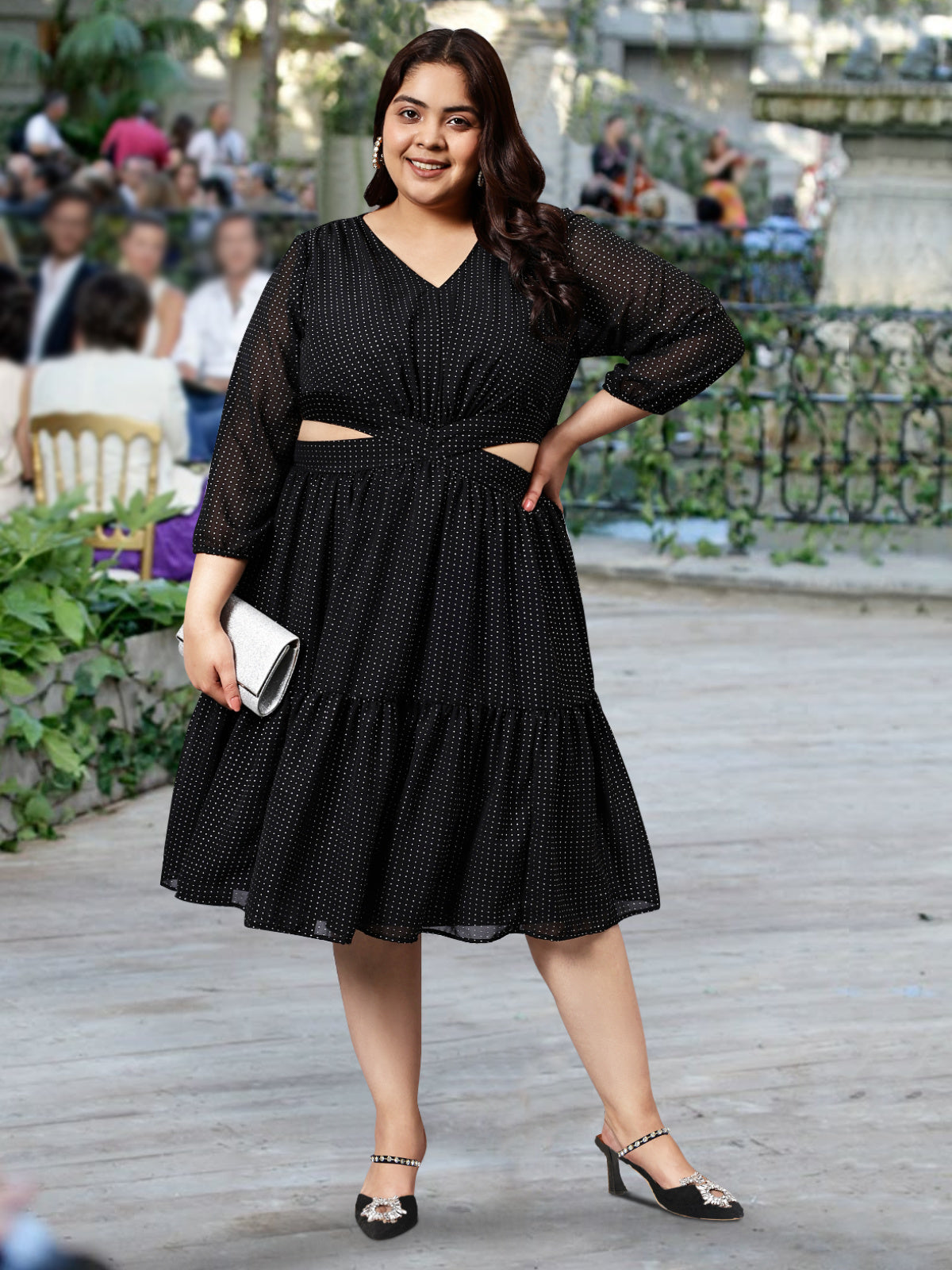 Black Silver Plus Size Waist Cut-out Dress