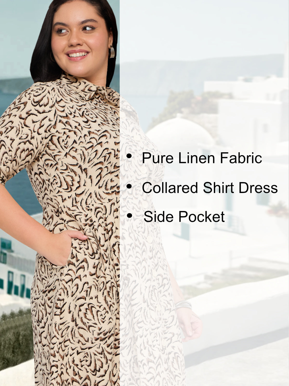 Women Beige Plus Size Linen Shirt Dress