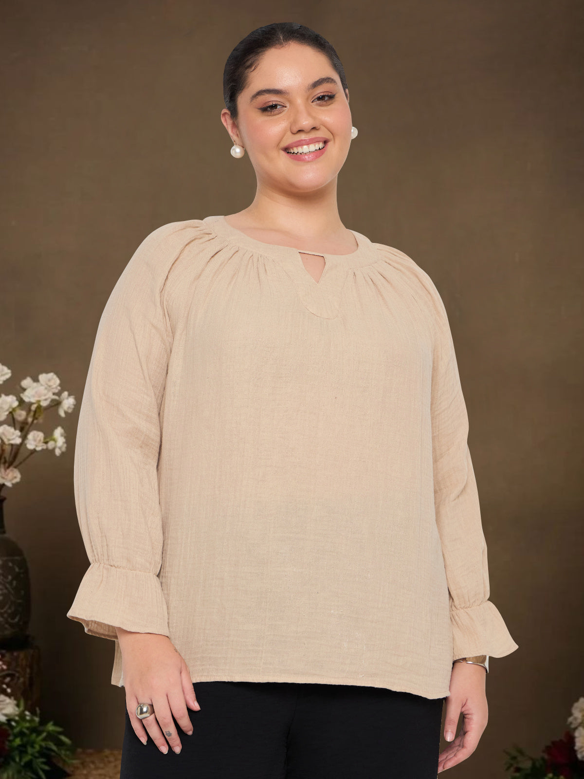 Women Black White Plus Size Buttoned Tunic Top