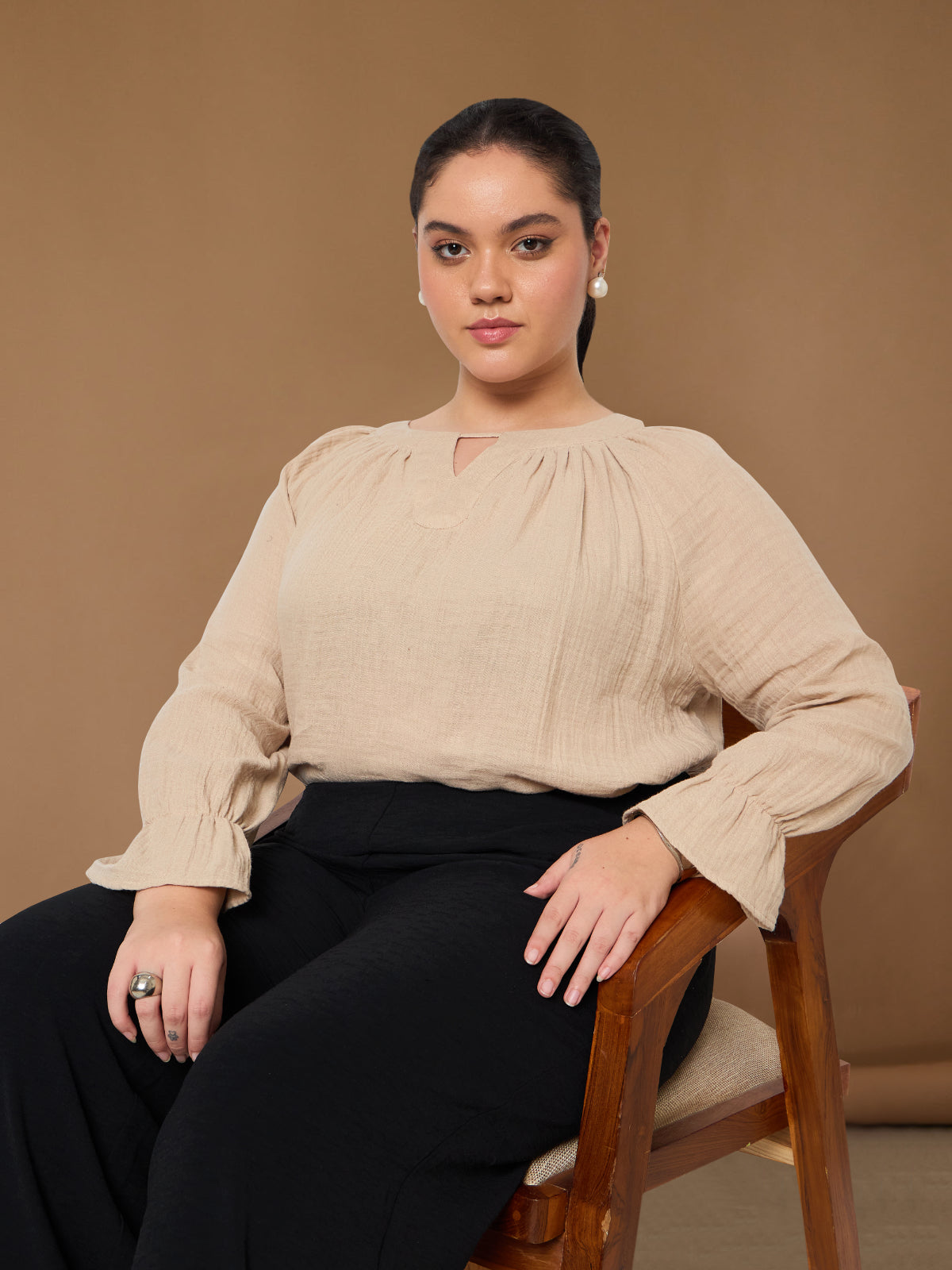 Women Black White Plus Size Buttoned Tunic Top