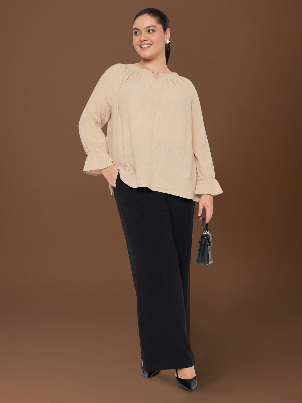 Women Black White Plus Size Buttoned Tunic Top