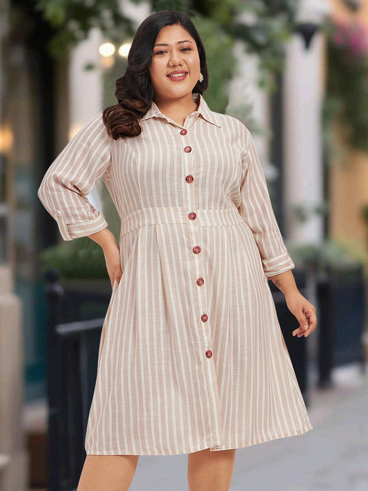Women White Beige Plus Size Linen Shirt Dress