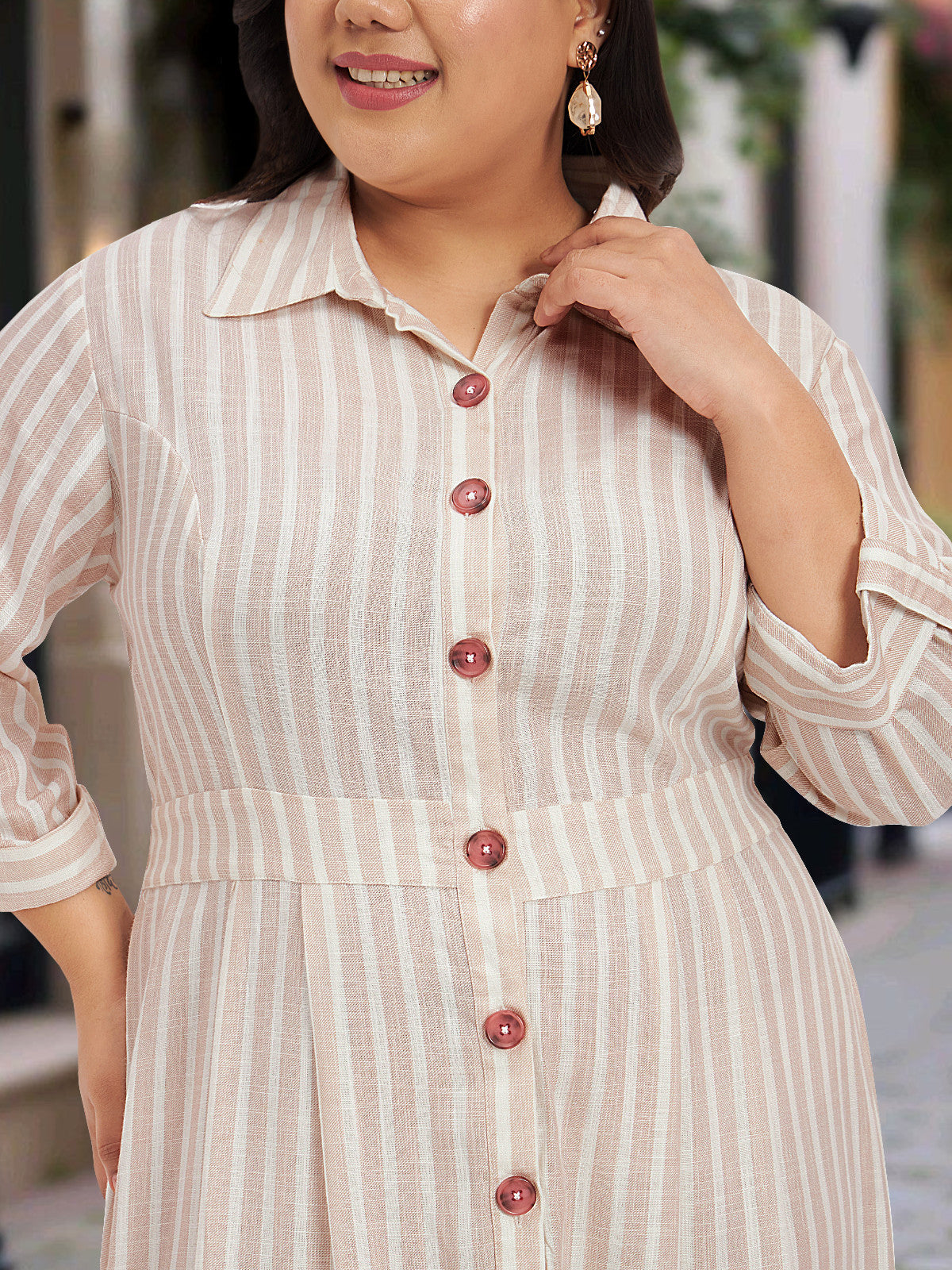 Women White Beige Plus Size Linen Shirt Dress
