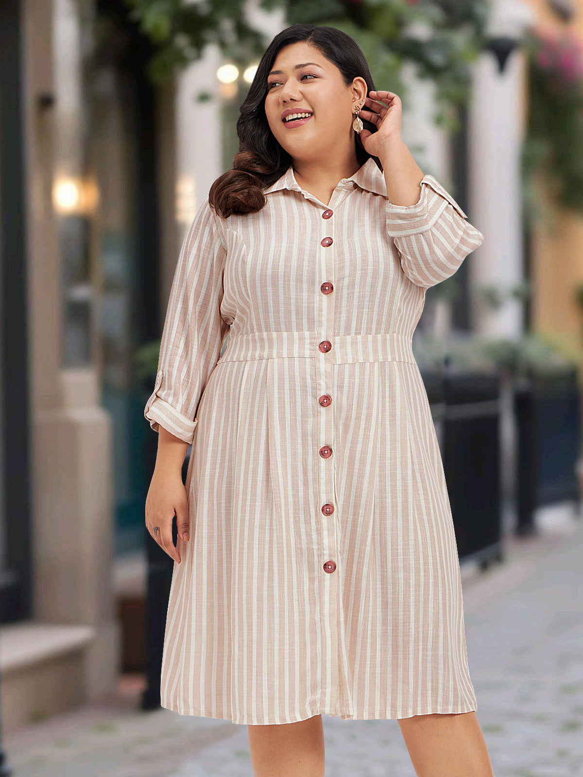Women White Beige Plus Size Linen Shirt Dress