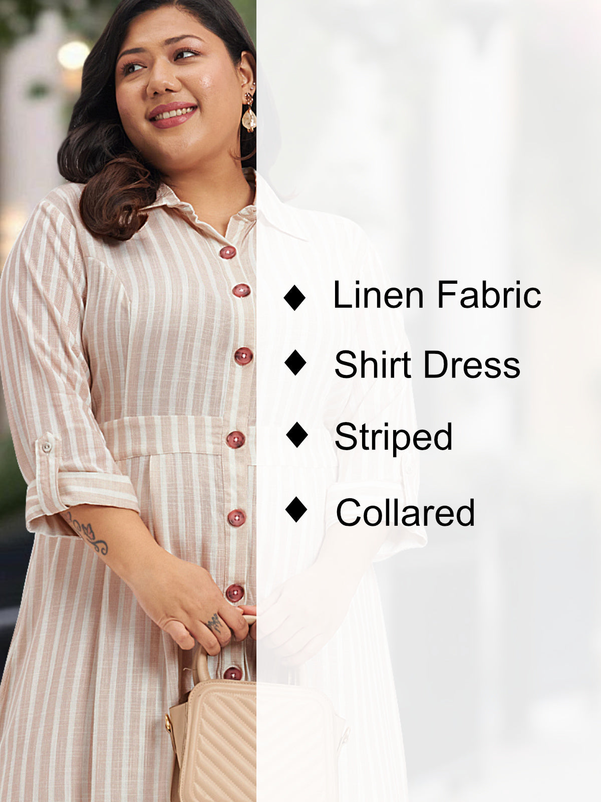Women White Beige Plus Size Linen Shirt Dress