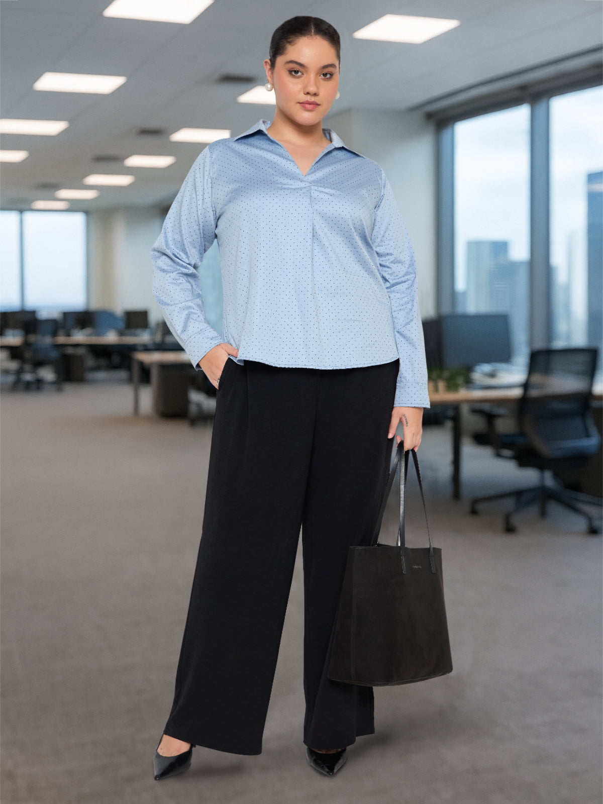 Women Black White Plus Size Buttoned Tunic Top