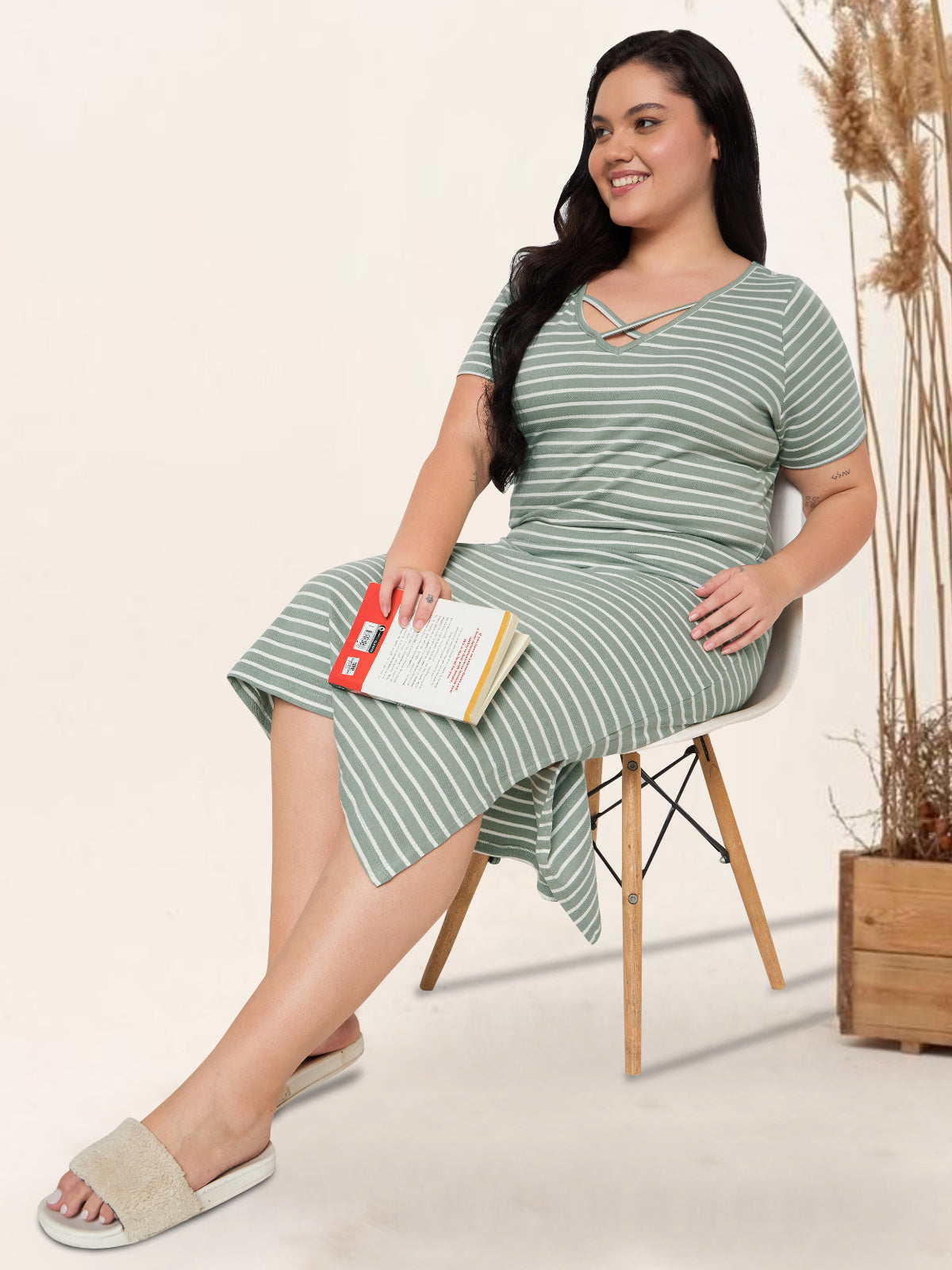 White Green Plus Size Cotton Striped Nighty