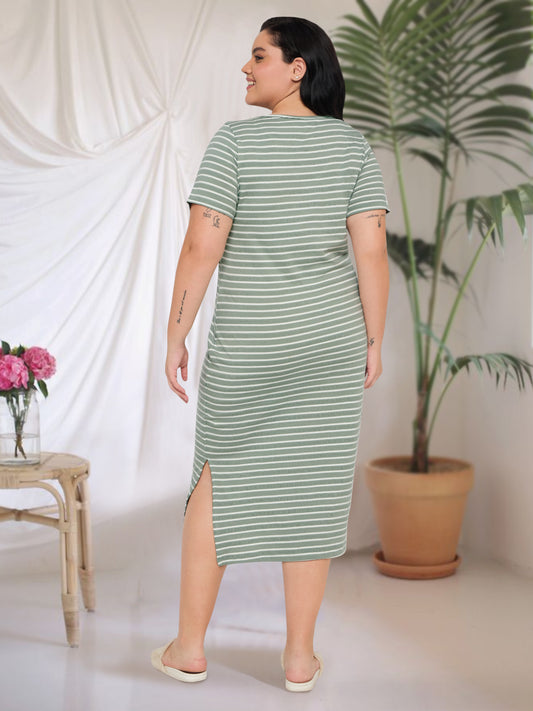 White Green Plus Size Cotton Striped Nighty