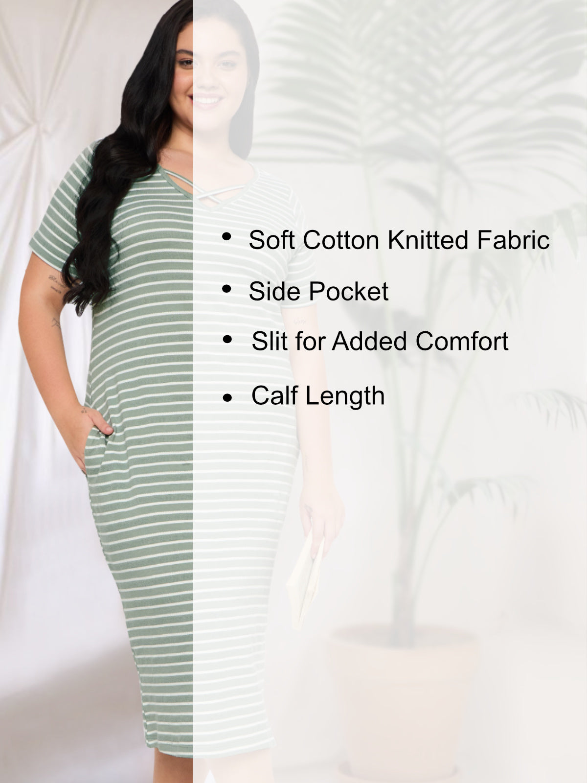 White Green Plus Size Cotton Striped Nighty