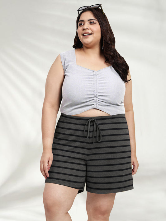 Black Grey Plus Size Drawstring Shorts