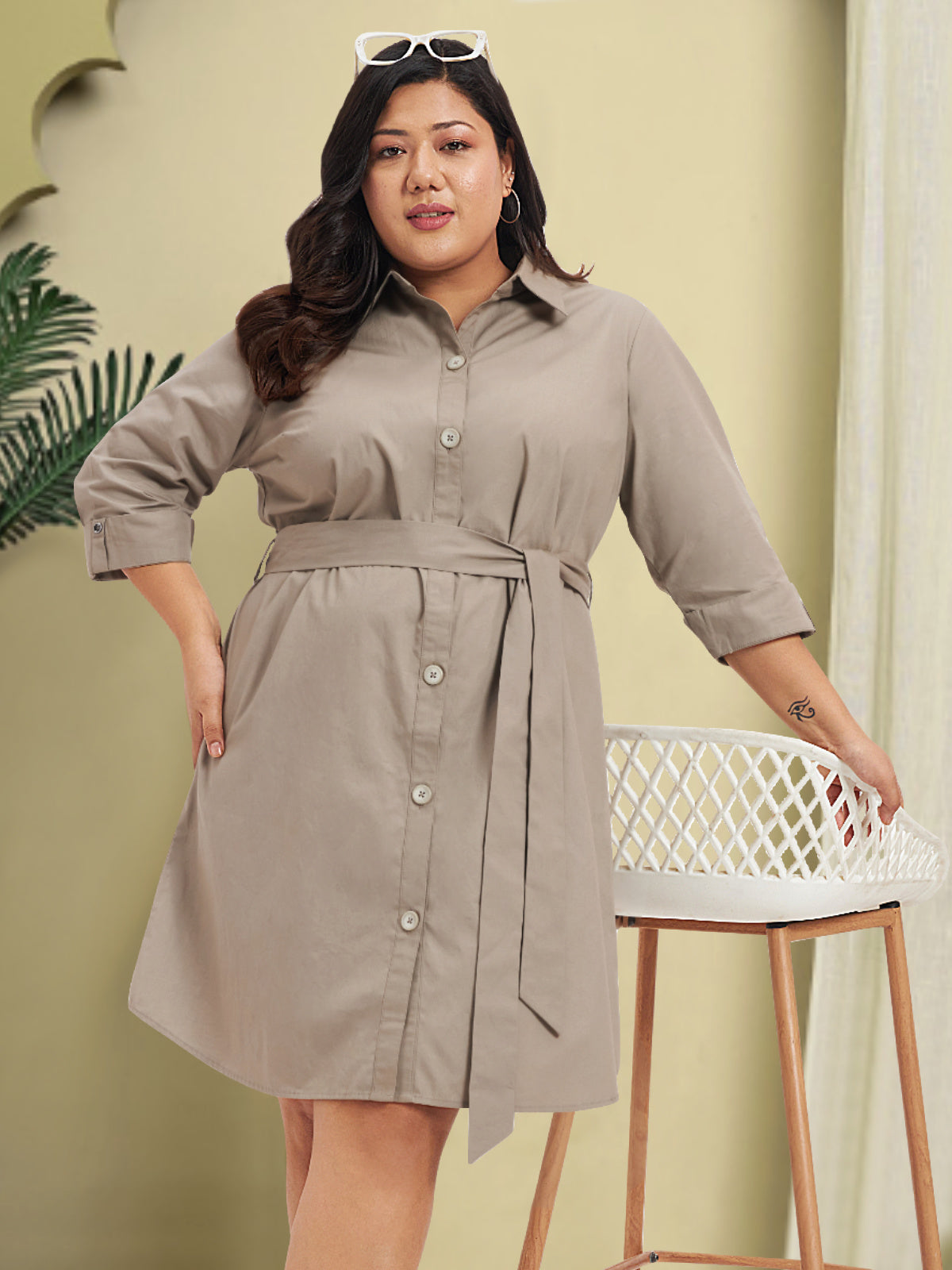 Women Beige Plus Size Poplin Shirt Dress