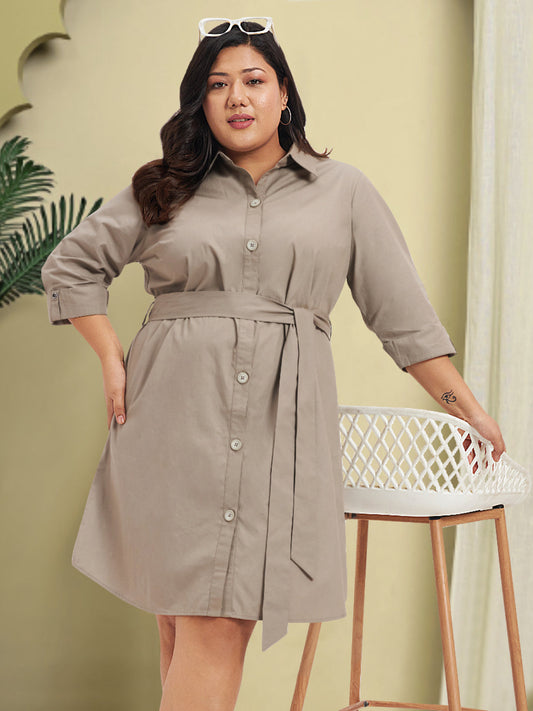 Women Beige Plus Size Poplin Shirt Dress