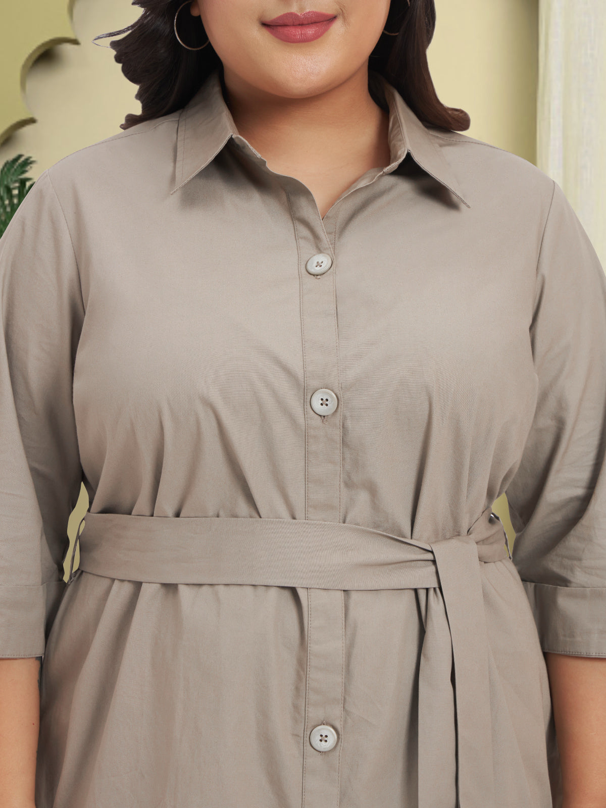 Women Beige Plus Size Poplin Shirt Dress