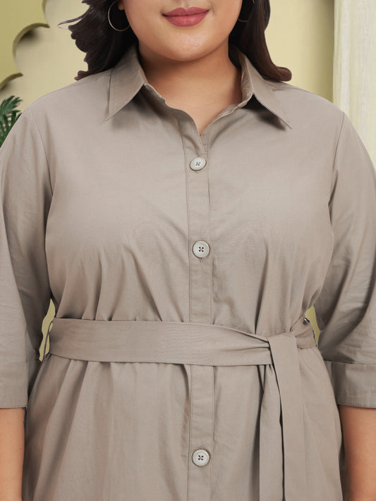Women Beige Plus Size Poplin Shirt Dress