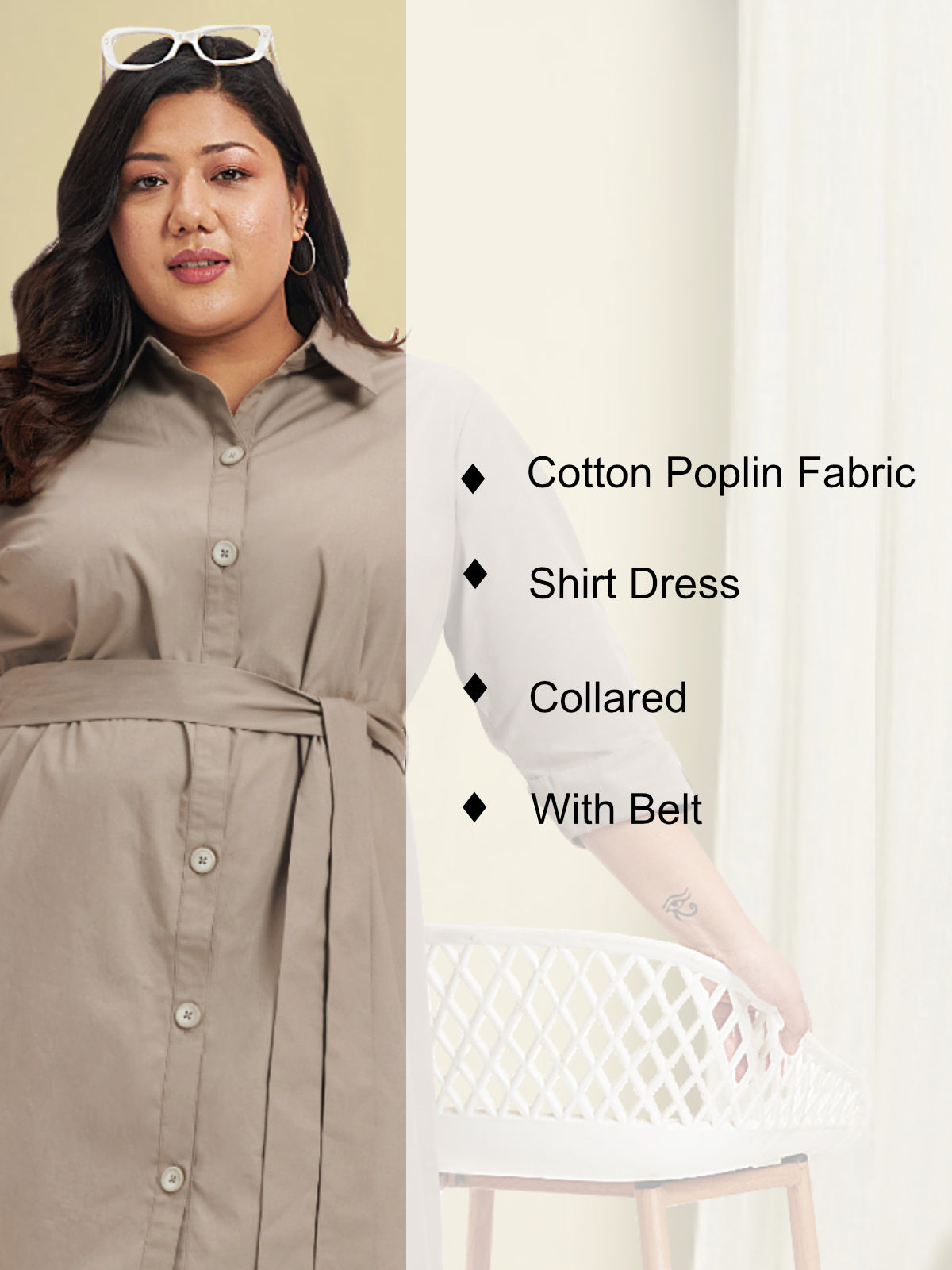 Women Beige Plus Size Poplin Shirt Dress