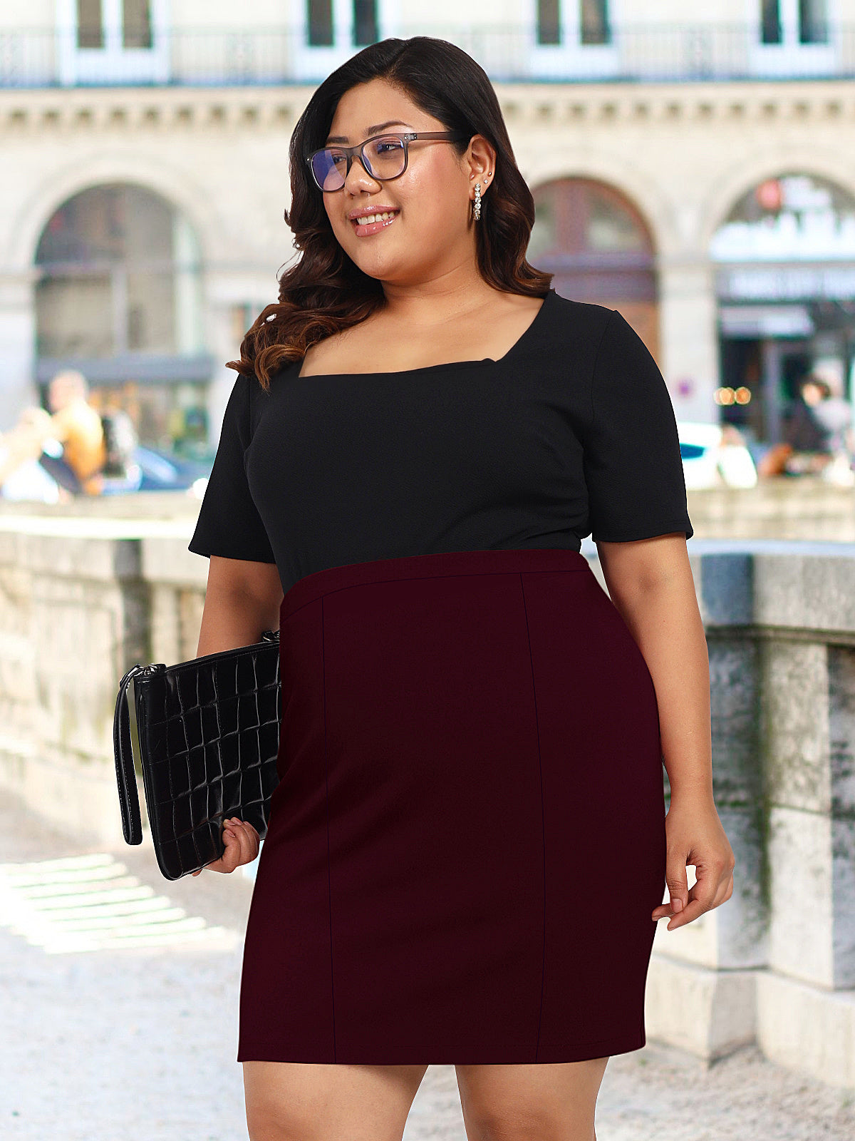 Maroon Plus Size Extra Stretch Pencil Skirt
