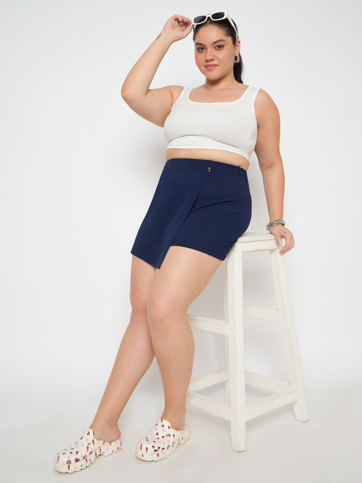 Blue Plus Size One Button Skort