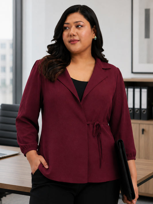 Maroon Plus Size Lapel Knotting Top