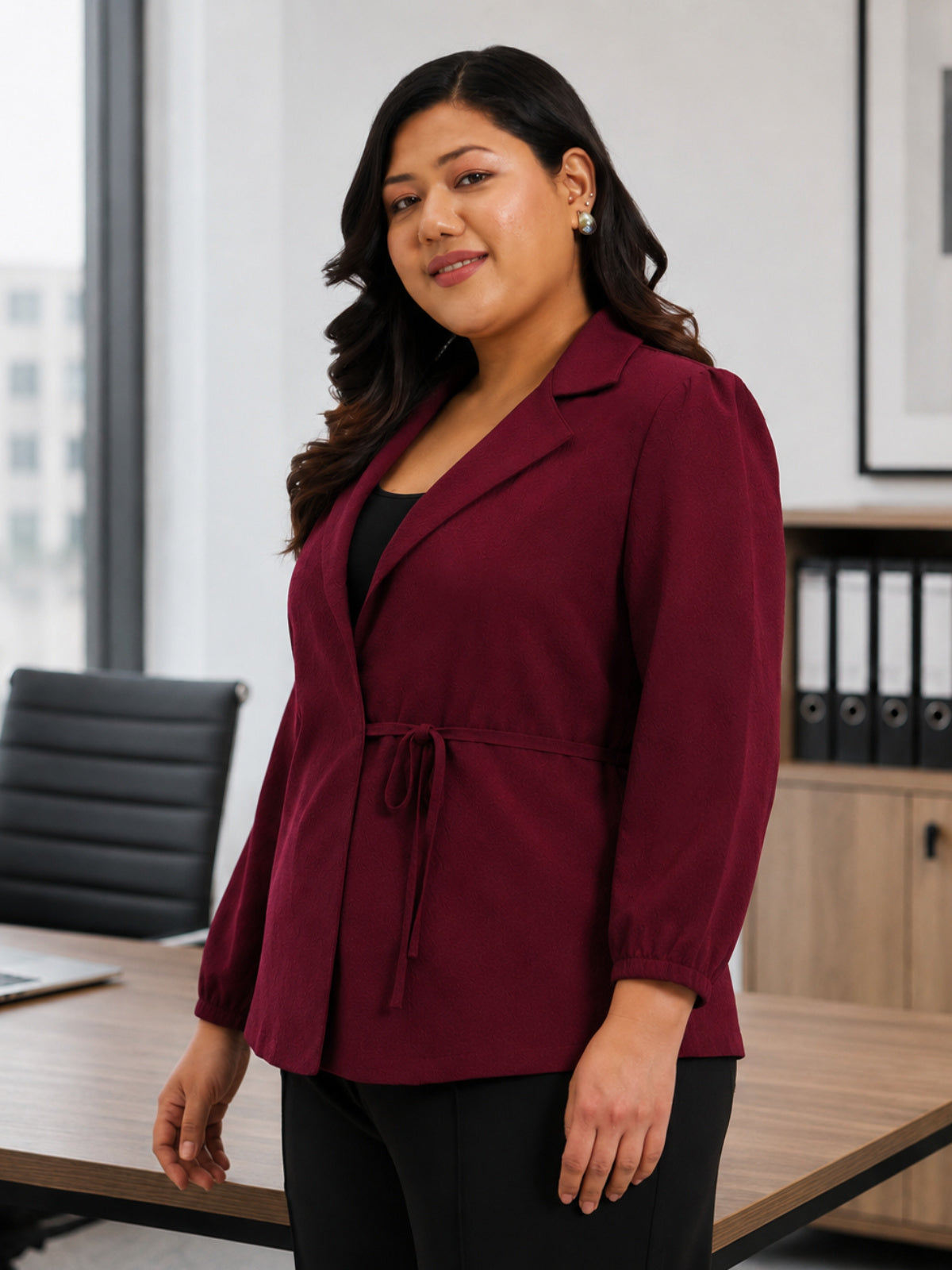 Maroon Plus Size Lapel Knotting Top