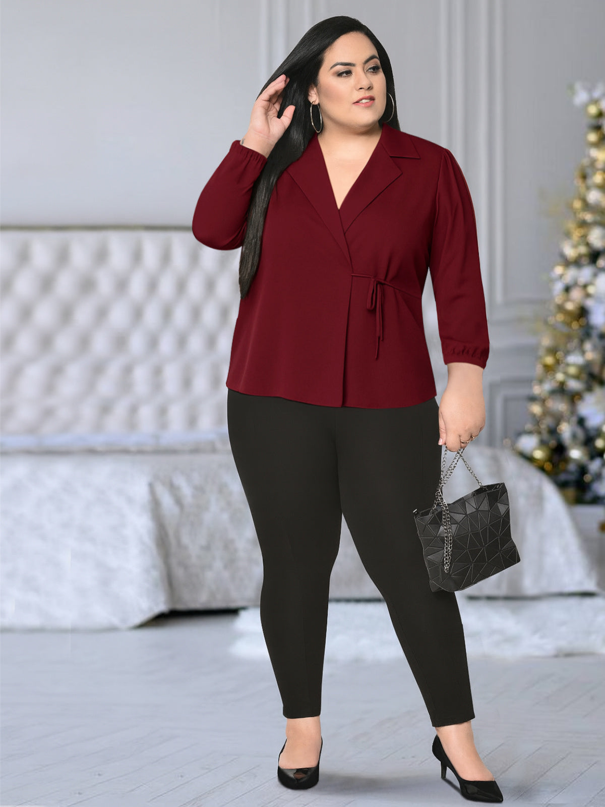 Women Black White Plus Size Buttoned Tunic Top