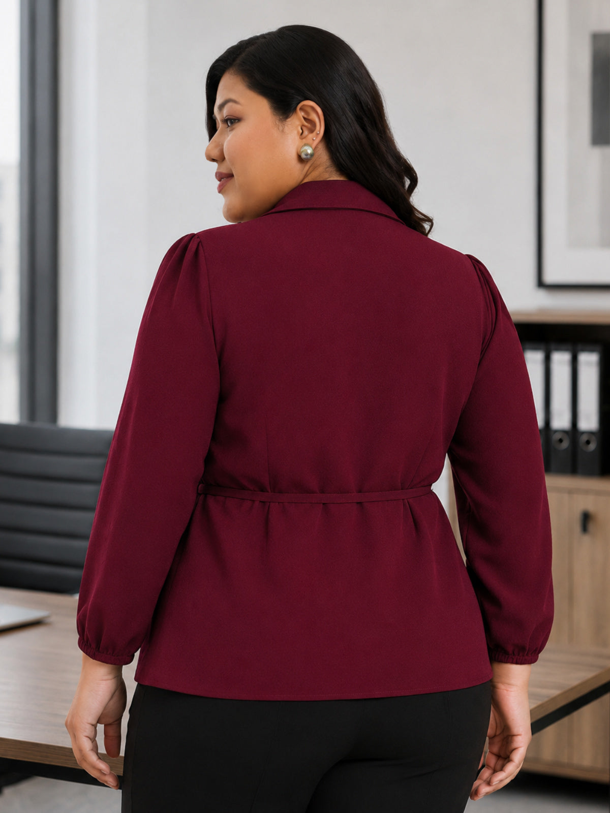 Maroon Plus Size Lapel Knotting Top