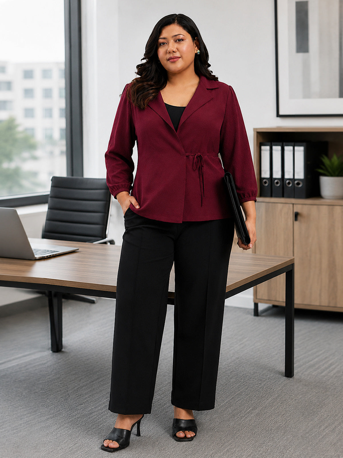 Maroon Plus Size Lapel Knotting Top