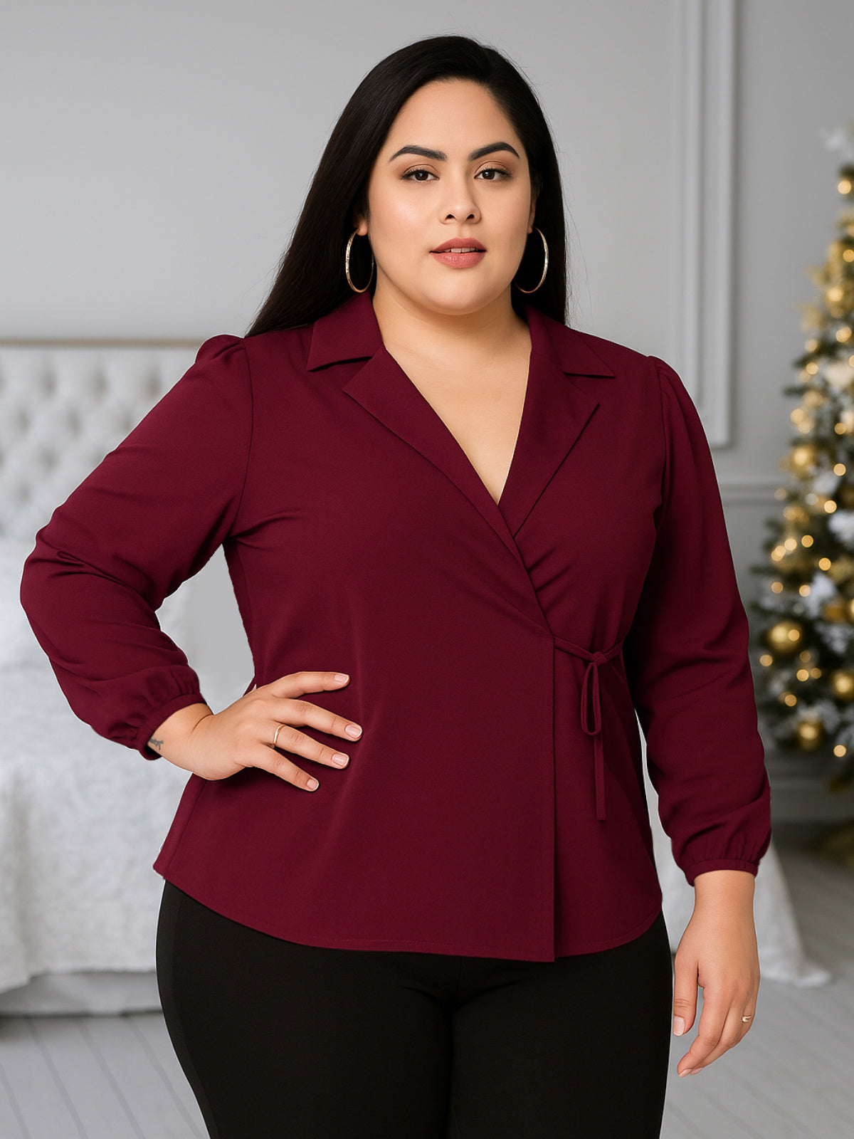 Women Black White Plus Size Buttoned Tunic Top