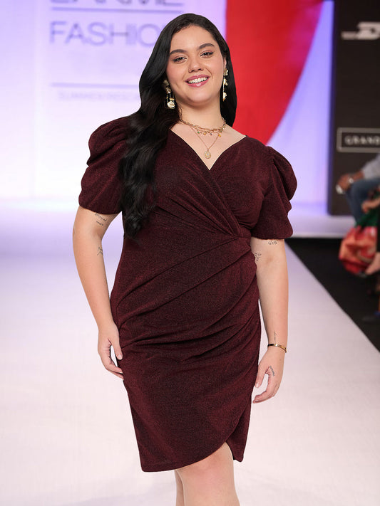 Women Maroon Shimmer Plus Size Puff Sleeve Dress