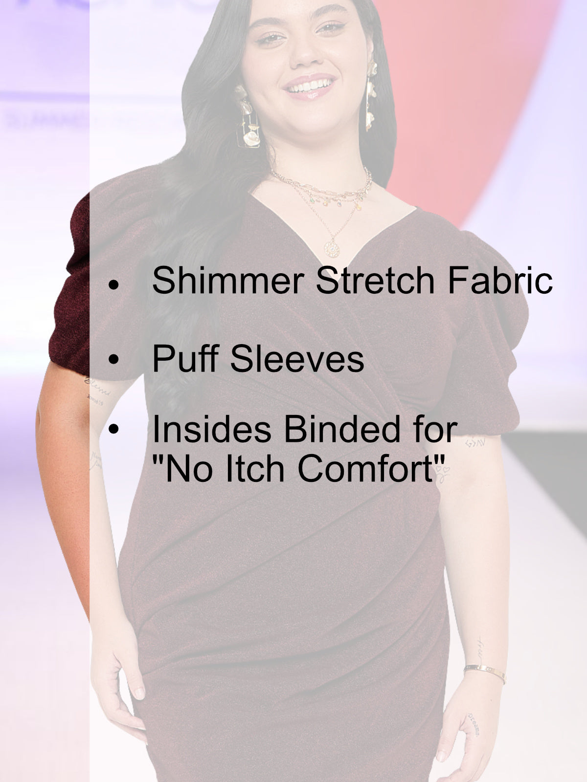 Women Maroon Shimmer Plus Size Puff Sleeve Dress