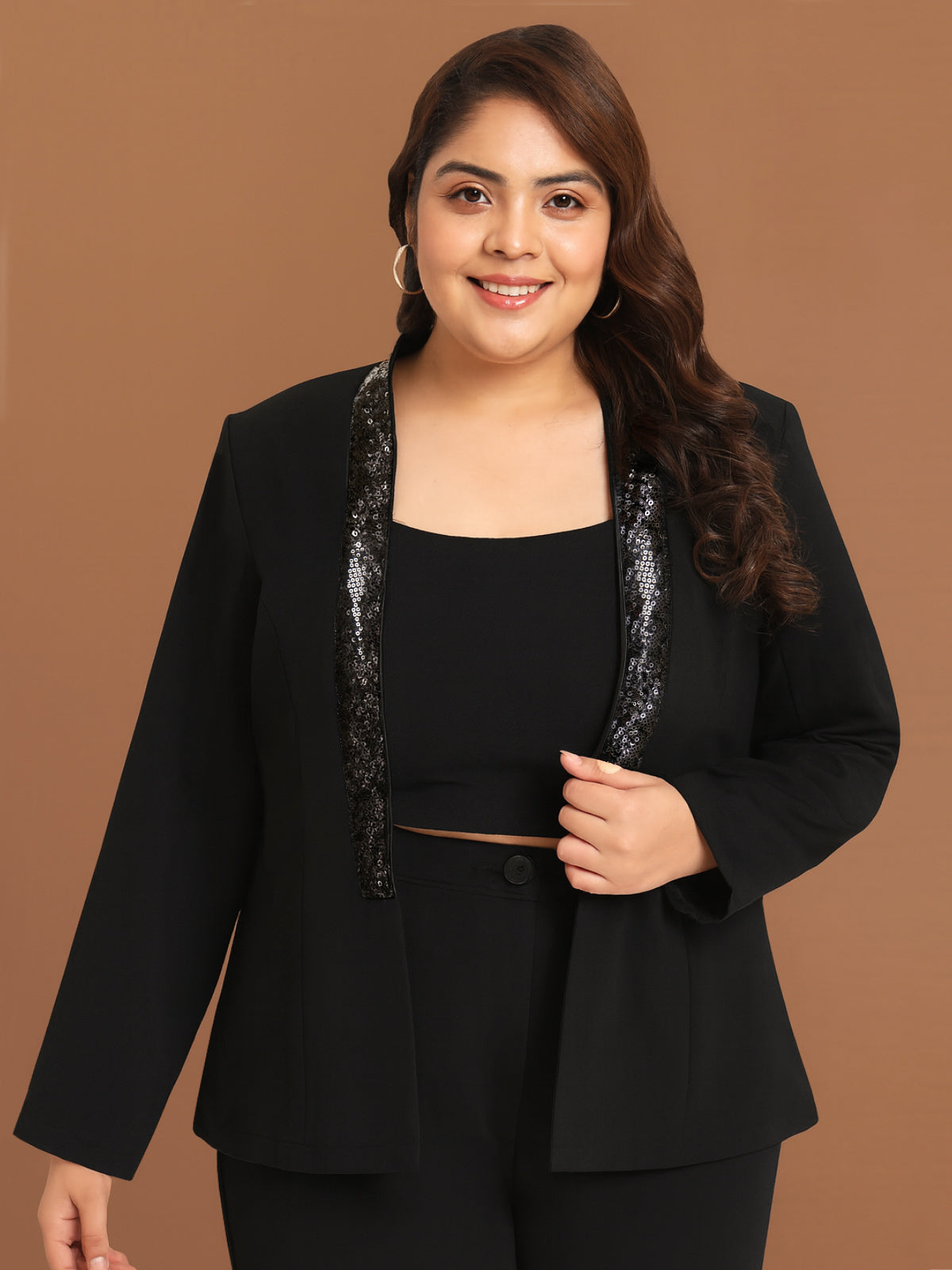 Women Black Plus Size Sequin Blazer