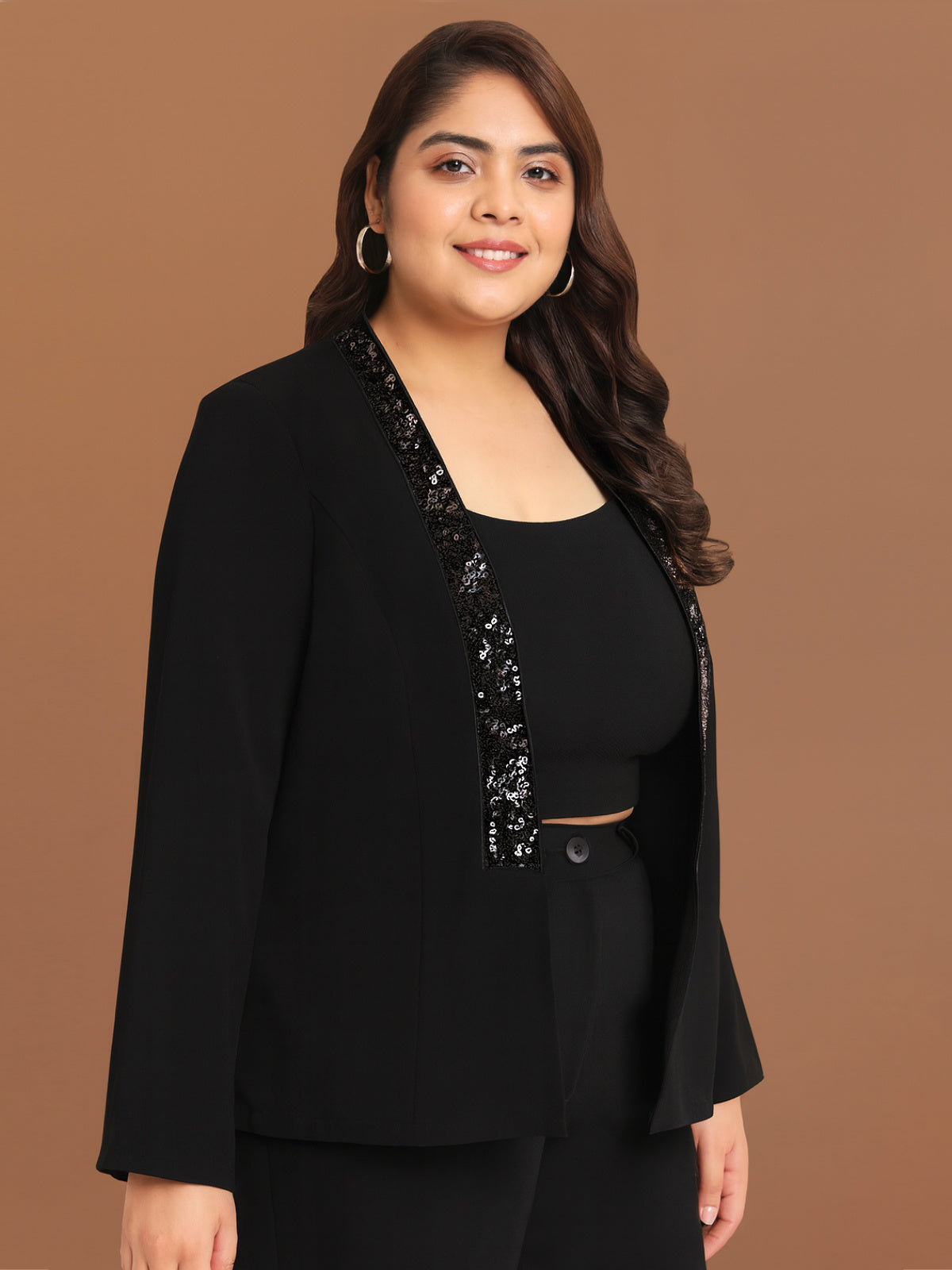 Women Black Plus Size Sequin Blazer