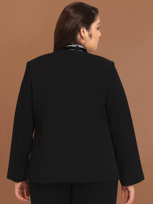 Women Black Plus Size Sequin Blazer