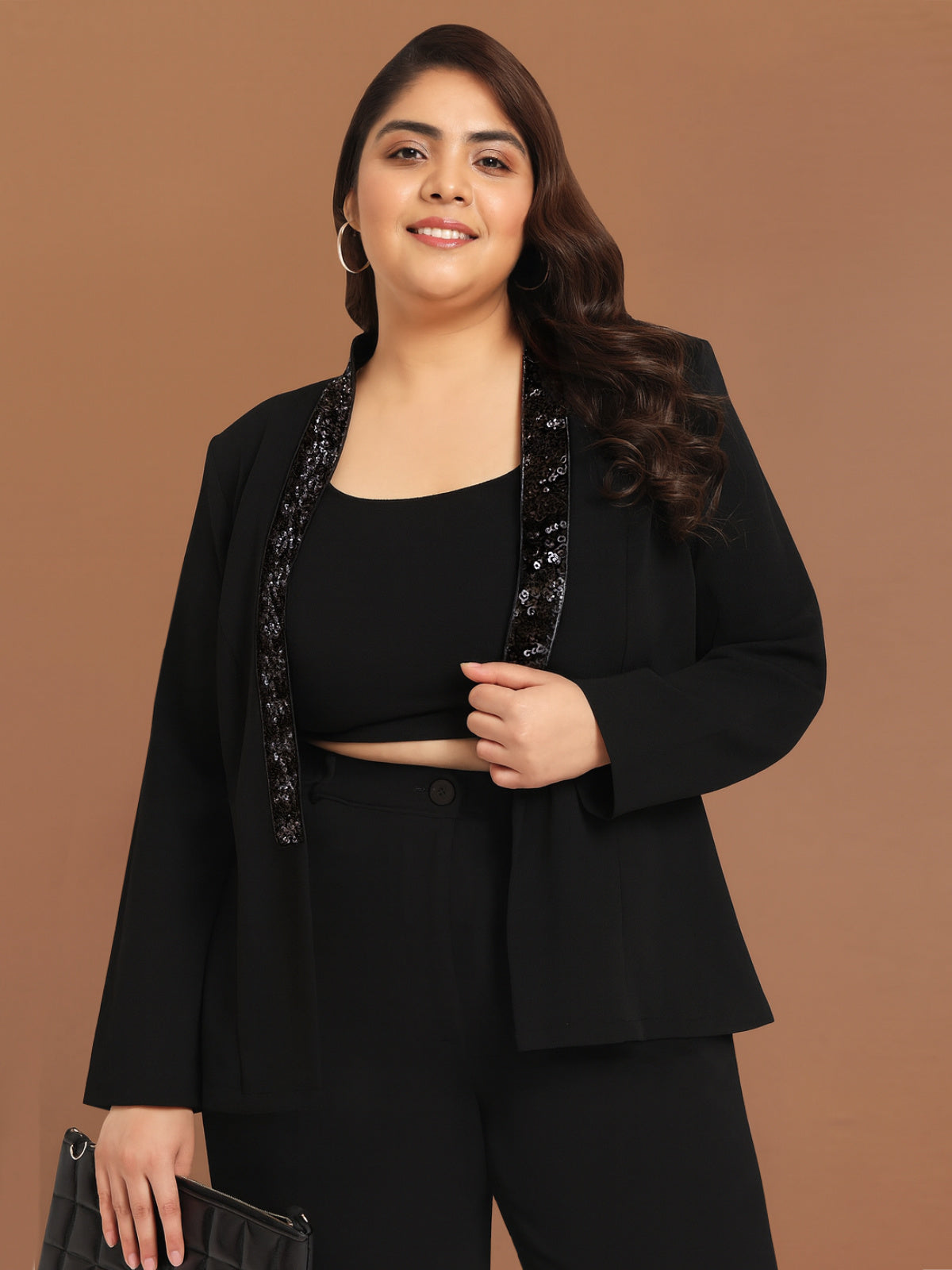 Women Black Plus Size Sequin Blazer