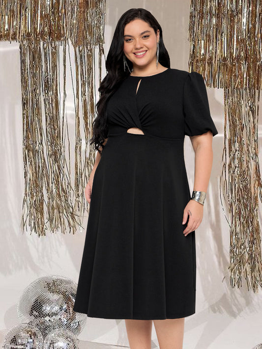 Women Black Plus Size Waist Cutout Balloon Sleeve Dress