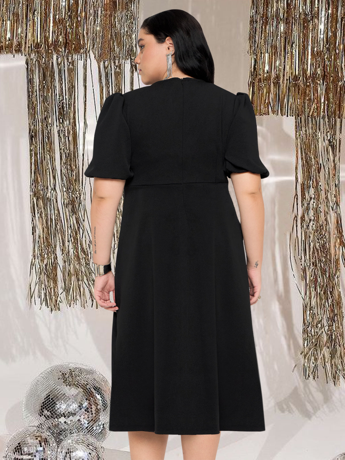 Women Black Plus Size Waist Cutout Balloon Sleeve Dress